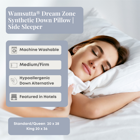 A woman peacefully sleeps on a white Carpenter® Wamsutta Dream Zone Synthetic Down Side Sleeper Pillow, which is machine washable, hypoallergenic, and used in hotels.