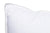 A close-up view of a neatly stitched, clean white Downlite White Goose Feather Pillow corner against a white background, emphasizing simplicity and hygiene in bedding.