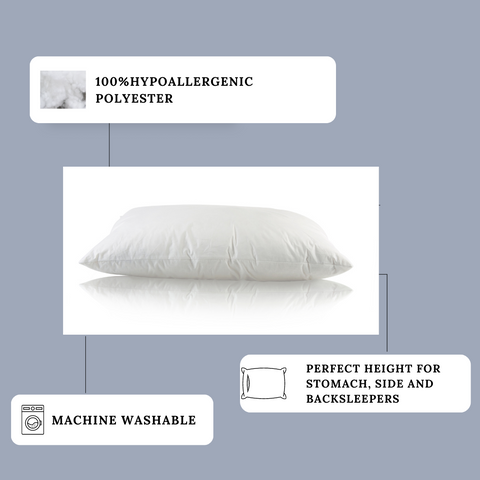 A white pillow filled with Manchester Mills Envirosleep Dream Surrender polyester clusters for medium support, featuring a label.