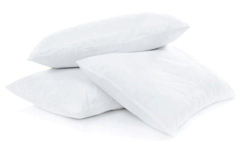 Three fluffy white hypoallergenic pillows stacked asymmetrically on a white background, conveying a sense of softness and comfort suitable for a cozy bedroom setting - Hollander Westin® Heavenly Firm Support Polyester Bed Pillow | Made in USA.