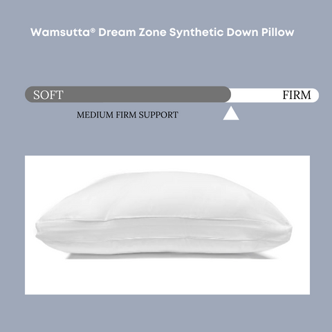 A Carpenter® Wamsutta Dream Zone Synthetic Down Pillow | Side Sleeper displayed against a neutral background with a scale indicating 'medium firm support' between 'soft' and 'firm' levels of comfort, featuring a 750