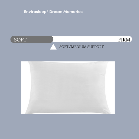 A white Envirosleep Dream Memories Memorelle Fiber Fill Pillow by Manchester Mills that is breathable and hypoallergenic, featuring the words envirosleep dream memories.