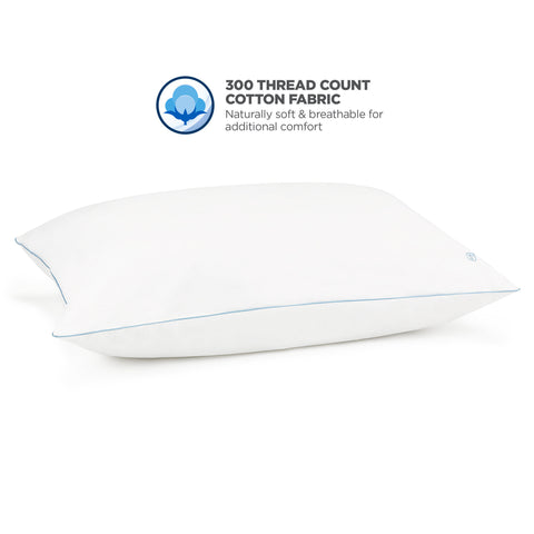 A white pillow with the words 100 thread count, designed for cooling: The Great Sleep Cooling Pillow by Hollander, designed to keep you 5 degrees cooler.