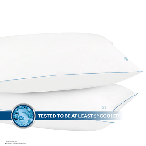 A pair of white Great Sleep Cooling Pillows by Hollander against a white background, highlighting their cooling technology with a claim of being at least 5 degrees cooler, indicated by a blue assurance badge.