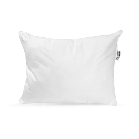 A plain white Pillowtex® Premium Polyester Pillow | Extra Firm with a smooth, glossy texture, featuring a small visible tag on the side. The pillow is set against a pure white background, emphasizing its simplicity and.