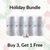 Four rolled-up Delilah Home 100% Organic Cotton Sunset Beach Towels with white and gray stripes are lined up. "Holiday Bundle" is above them; "Buy 3, Get 1 Free" appears below. Festive ornaments and gold stars decorate the background.