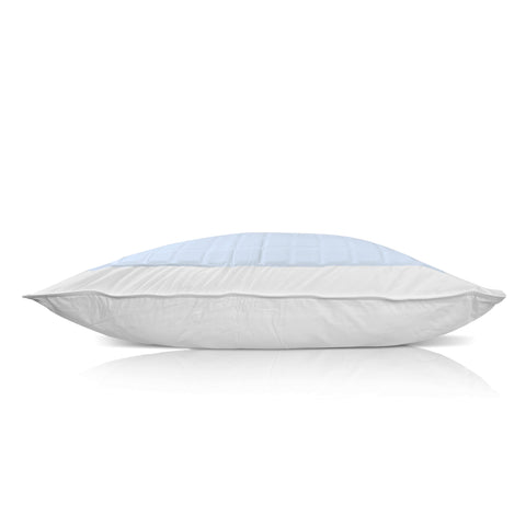 A large, fluffy Pillowtex Cooling Gel Pillow Protector with a white 100% Cotton Pillow Cover and a subtle blue striped pattern on its top, resting on a reflective white surface. The pillow looks soft and comfortable, ideal for use in bedding.