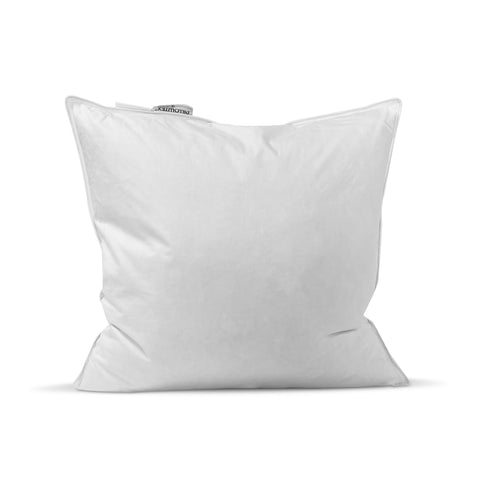 A new, white, square-shaped Pillowtex Pillow Insert with White Duck Feather & Down and a visible tag, isolated on a white background, suggesting softness and comfort for potential buyers in the hospitality industry looking for bedding accessories.