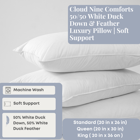 Cloud Nine Comforts 50/50 White Duck Down & Feather Luxury Pillow | Soft Support