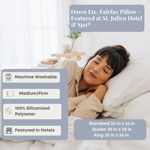 A woman is lying in bed with a Down Etc. Fairfax Pillow - Featured at St. Julien Hotel & Spa®.