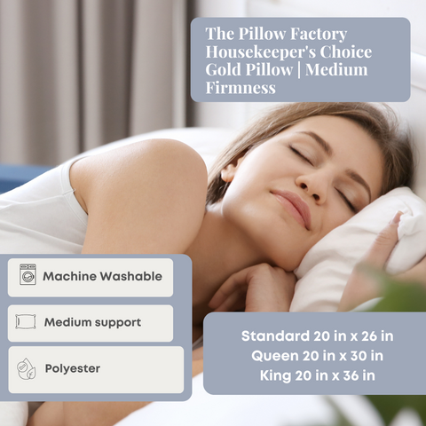 A content woman rests peacefully on The Pillow Factory Housekeeper's Choice Gold Pillow, highlighting features like machine washability, medium support, and polyester material, available in standard and queen sizes.