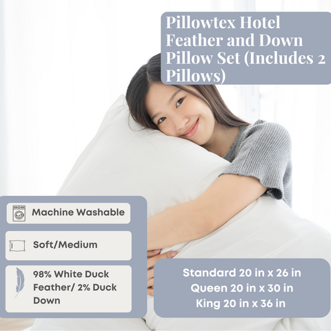 A woman is resting on a bed with a Pillowtex Hotel Feather and Down Pillow Set (Includes 2 Pillows) and a pillowcase.