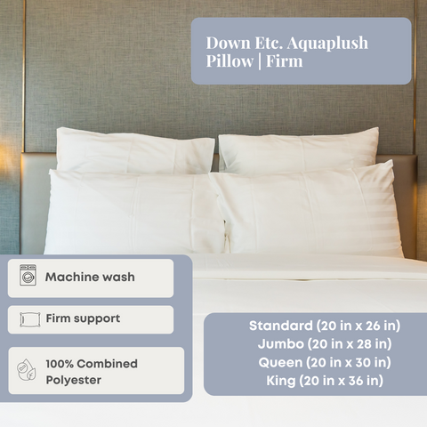 A neatly arranged bed with hypo-allergenic Down Etc. Aquaplush pillows, highlighting machine wash compatibility and varying size options: standard, jumbo, and queen.