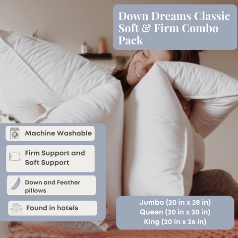 Upgrade your sleep experience with the Manchester Mills Down Dreams Classic Soft & Firm Combo Pack. This set features a dual chamber design for added support and comes with a pillow protector to keep your pillows clean and fresh.