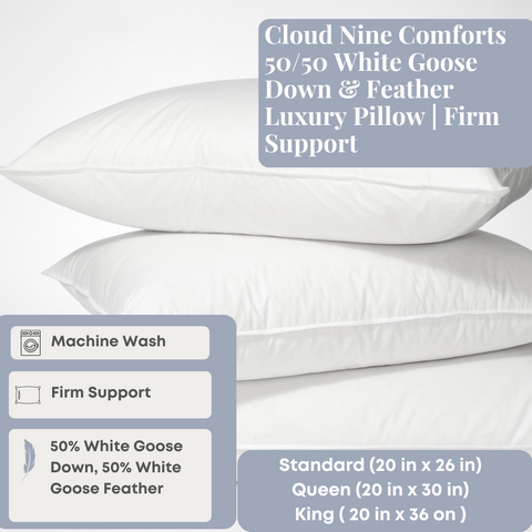 Cloud Nine Comforts 50/50 White Goose Down & Feather Luxury Pillow | Firm Support