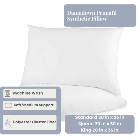 A Dania Down Daniadown Primafil Synthetic Pillow featuring machine wash compatibility, soft/medium support with polyester cluster fiber, available in standard (20 x 26 in), queen (20 x 30 in).
