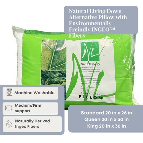 A Natural Living Down Alternative Pillow with Environmentally Friendly INGEO™ Fibers, showcased in a king size (20x36 inches) option, features machine washability and medium/firm support.
