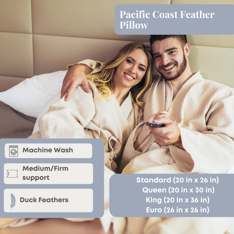 A couple enjoys a cozy moment on a bed with a Pacific Coast Feather Company pillow, ideal for side sleepers and back sleepers, showcasing its machine wash suitability and available in standard and queen sizes.