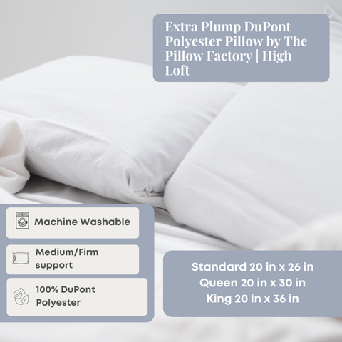 Luxurious Extra Plump DuPont Polyester Pillow by Pillow Factory, available in standard and queen sizes, with machine-washable convenience and medium/firm support for a restful night's sleep.
