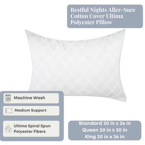 A restful night's Restful Nights Aller-Sure Cotton Cover Ultima Polyester Pillow with temperature balancing technology, quilted design, medium support, and down alternative fiber fill, available in standard and king sizes, and machine washable for.