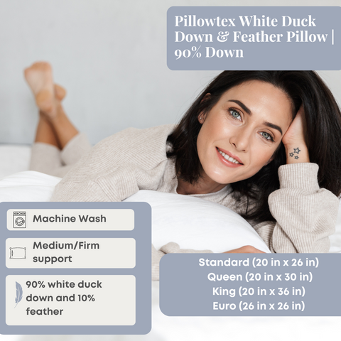 A relaxed woman lies on a bed, her content expression suggesting comfort provided by the Pillowtex White Duck Down & Feather Pillow, highlighting its machine washable feature and 90% down to feather ratio.