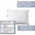 An advertisement for the "Encompass Group Dual Chamber Down Pillow | Standard" tailored for side and back sleepers, showcasing its sizes, with icons indicating it has machine wash support, medium firmness, and a core