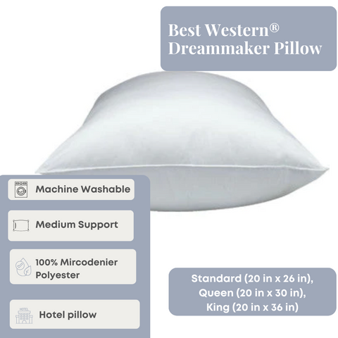 Experience the ultimate comfort with the hypoallergenic Keeco Best Western® Dreammaker Pillow, offering medium support for a restful night's sleep.