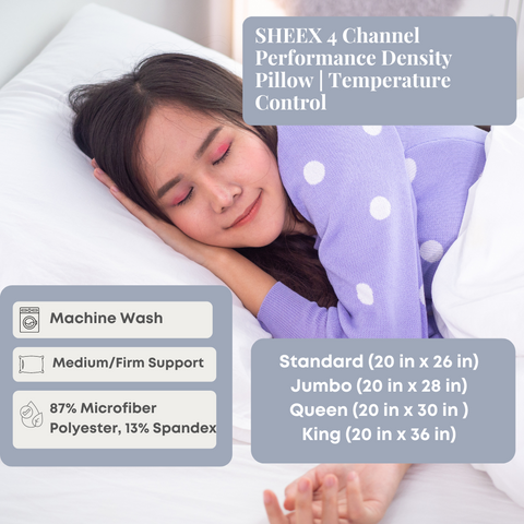 A woman sleeps soundly, hugging a SHEEX 4 Channel Performance Density Pillow, which offers temperature control and medium/firm support for side sleepers, detailed with material composition and available sizes.