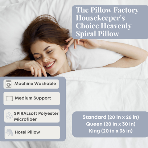 The Pillow Factory's Housekeeper's Choice Heavenly Spiral Pillows, featuring spiralsoft technology for a beautifully soft feel.