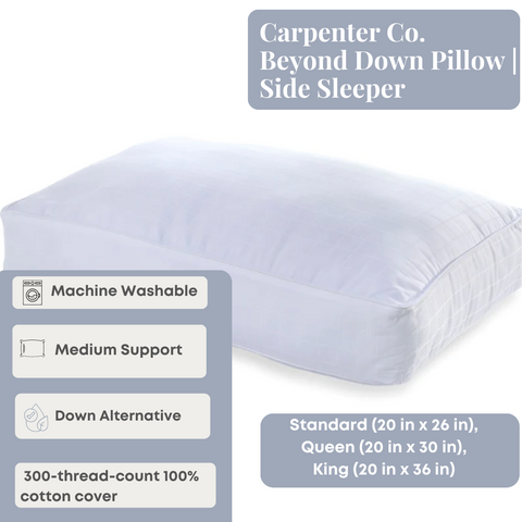 Experience the ultimate comfort with the Carpenter Co. Beyond Down Side Sleeper Pillow. This premium pillow is filled with synthetic down fiber, making it perfect for side sleepers.