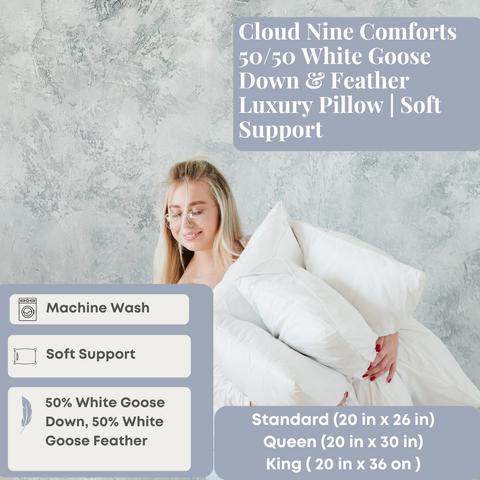 Smiling woman enjoying the luxurious comfort of a Cloud Nine Comforts 50/50 White Goose Down & Feather Luxury Pillow, offering a blend of white goose down and feather for soft support tailored for stomach sleepers, available in various sizes.
