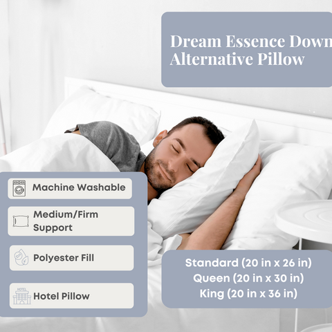This Dream Essence Down Alternative Pillow from Sysco Guest Supply is filled with dream essence polyester fiber, creating a luxurious down alternative.
