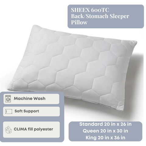 A SHEEX 600TC Back/Stomach Sleeper Pillow featuring a quilted honeycomb pattern, soft support, and moisture-wicking clima fill polyester. The pillow is machine washable.
