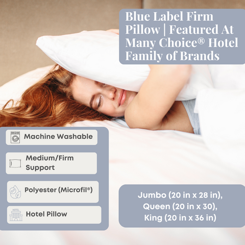 A woman is peacefully sleeping on a Blue Label Firm Pillow by Keeco.