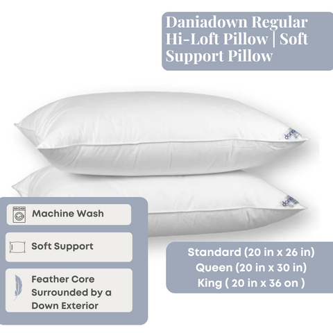 A Dania Down regular hi-loft pillow set with soft support, featuring machine-washable capabilities, soft support design, and a down feather exterior, available in queen (20x26 inches)