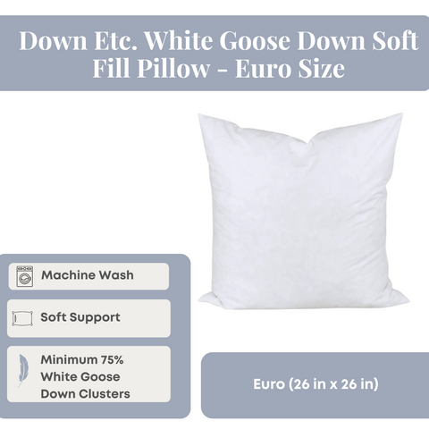Luxurious Down Etc. White Goose Down Soft Fill Pillows with a soft-support level, minimum 75% down clusters, and 100% cotton shell that is machine washable for easy care—ideal for restful sleep.