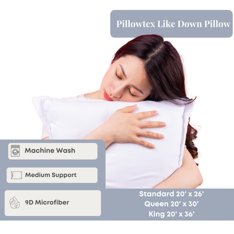 A woman comfortably rests her head on a white Pillowtex Like Down Pillow by Pillowtex, which is hypoallergenic, machine washable, offers medium support, and is available in standard and queen sizes.