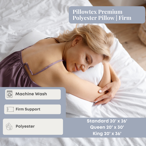 A woman rests comfortably on a Pillowtex Premium Polyester Pillow, enjoying its supportive embrace in a cozy, well-lit bedroom setting.