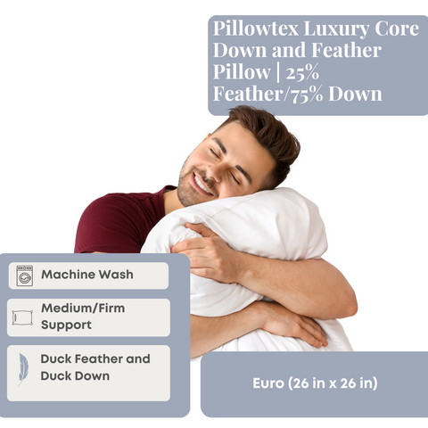A contented man hugs a Pillowtex Luxury Core Down and Feather Pillow, 25% feather and 75% down, that's machine washable, of medium firmness, made from duck down.