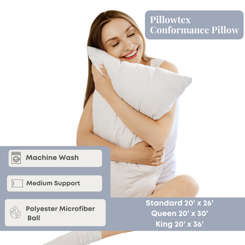 A woman blissfully embraces a Pillowtex® Conformance pillow, highlighting its washable features suitable for a queen-sized bed, filled with polyester microfiber balls for medium support.