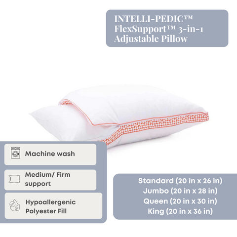 An INTELLI-PEDIC™ FlexSupport™ 3-in-1 adjustable loft pillow with customizable support, machine washable, hypoallergenic materials, and available in standard, jumbo, and queen sizes, featuring Downlite.