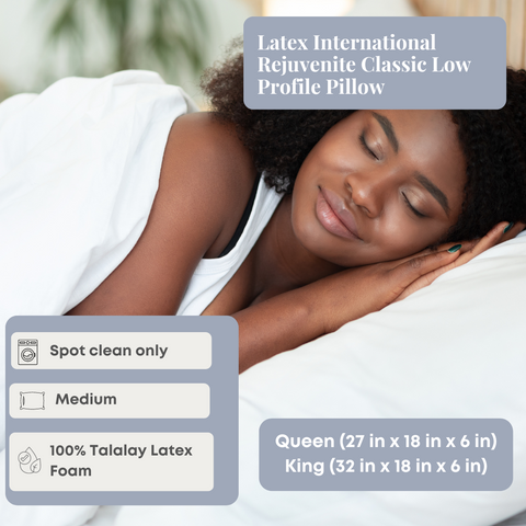 A woman is laying in bed with a Latex International Rejuvenite Classic Low Profile Pillow.