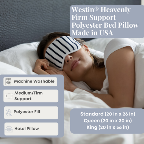A person rests comfortably on the Hollander Westin<sup>®</sup> Heavenly Firm Support Polyester Bed Pillow, highlighting the product's features such as machine washability, firm support, and hypoallergenic polyester fill.