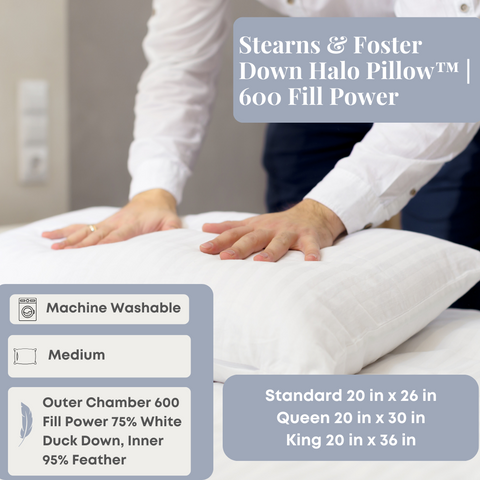 An individual is pressing down on a hypoallergenic Stearns & Foster Down Halo Pillow™ to test its plushness, which boasts a 600 fill power, featuring a blend of white duck feathers.