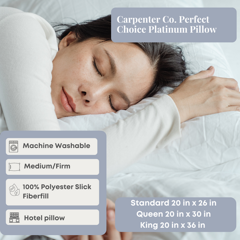 A woman sleeping on a bed with the Carpenter Co. Perfect Choice Platinum Pillow - Standard Size, experiencing comfort and firm support.