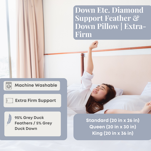 A woman is laying on a bed with the Down Etc. Diamond Support Feather & Down Pillow for extra firm support.