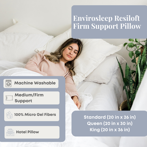 A woman is laying on a bed with the Manchester Mills Envirosleep Resiloft Firm Support Pillow.