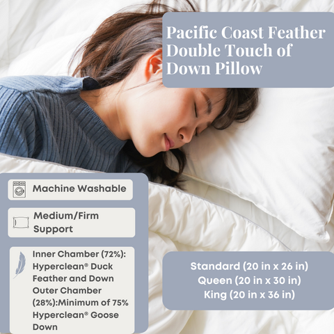 Indulge in the comfort of the Pacific Coast Feather Double Touch of Down Pillows, featuring a medium firmness level and machine washable design.