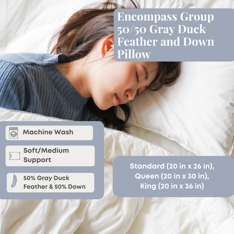 An image of a woman sleeping in bed with an Encompass Group 50/50 Gray Duck Feather and Down Pillow for comfort.