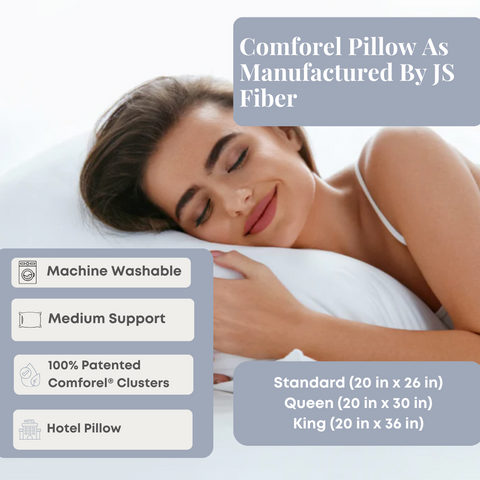 The Comforel Pillow As Manufactured By JS Fiber is made with polyester Comforel clusters for ultimate comfort.
